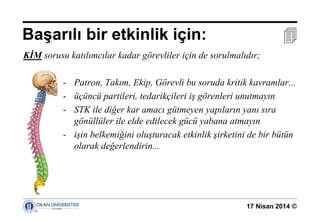 17 Nisan 2014 ©
KİM sorusu katılımcılar kadar görevliler için de sorulmalıdır;
Başarılı bir etkinlik için: 
- Patron, Takım, Ekip, Görevli bu soruda kritik kavramlar...
- üçüncü partileri, tedarikçileri iş görenleri unutmayın
- STK ile diğer kar amacı gütmeyen yapıların yanı sıra
gönüllüler ile elde edilecek gücü yabana atmayın
- işin belkemiğini oluşturacak etkinlik şirketini de bir bütün
olarak değerlendirin...
 