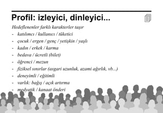 17 Nisan 2014 ©
Hedeflenenler farklı karakterler taşır
- katılımcı / kullanıcı / tüketici
- çocuk / ergen / genç / yetişkin / yaşlı
- kadın / erkek / karma
- bedava / ücretli (bilet)
- öğrenci / mezun
- fiziksel sınırlar (asgari uzunluk, azami ağırlık, vb...)
- deneyimli / eğitimli
- varlık: bağış / açık artırma
- medyatik / kanaat önderi
Profil: izleyici, dinleyici... 
 