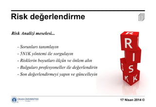 17 Nisan 2014 ©
Risk Analizi meselesi...
- Sorunları tanımlayın
- 5N1K yöntemi ile sorgulayın
- Risklerin boyutları ölçün ve önlem alın
- Bulguları profesyoneller ile değerlendirin
- Son değerlendirmeyi yapın ve güncelleyin
Risk değerlendirme 
 