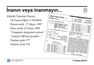 17 Nisan 2014 ©
Etkinlik Yönetimi Patenti...
US Patent Office # 5634016
Patent tarihi 27 Mayıs 1997
Onay tarihi 14 Nisan 1998
“Computer integrated system”
“transfer DB into graphic...”
Toplam sayfa 177
Toplam çizim 143
İnanın veya inanmayın... 
 