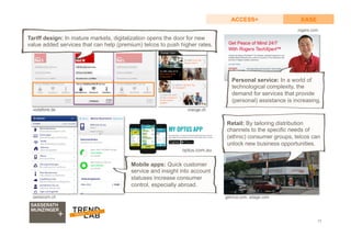 17
EASEACCESS+
getviva.com, adage.com
rogers.com
vodafone.de
swisscom.ch
optus.com.au
Tariff design: In mature markets, digitalization opens the door for new
value added services that can help (premium) telcos to push higher rates.
Mobile apps: Quick customer
service and insight into account
statuses increase consumer
control, especially abroad.
Retail: By tailoring distribution
channels to the specific needs of
(ethnic) consumer groups, telcos can
unlock new business opportunities.
orange.ch
Personal service: In a world of
technological complexity, the
demand for services that provide
(personal) assistance is increasing.
 
