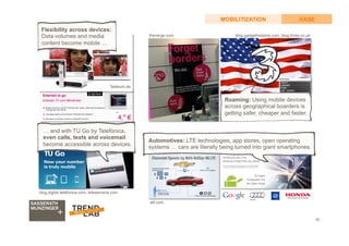20
EASEMOBILITIZATION
Telekom.de
openautoalliance.net
blog.digital.telefonica.com, telesemana.com
blog.gadgethelpline.com, blog.three.co.uktheverge.com
att.com,
Flexibility across devices:
Data volumes and media
content become mobile …
Roaming: Using mobile devices
across geographical boarders is
getting safer, cheaper and faster.
Automotives: LTE technologies, app stores, open operating
systems … cars are literally being turned into giant smartphones.
… and with TU Go by Telefónica,
even calls, texts and voicemail
become accessible across devices.
 