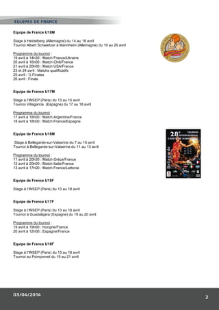 03/04/2014
2
Equipe de France U18M
Stage à Heidelberg (Allemagne) du 14 au 18 avril
Tournoi Albert Schweitzer à Mannheim (Allemagne) du 19 au 26 avril
Programme du tournoi :
19 avril à 14h30 : Match France/Ukraine
20 avril à 16h00 : Match Chili/France
21 avril à 20h00 : Match USA/France
23 et 24 avril : Matchs qualificatifs
25 avril : ½ Finales
26 avril : Finale
Equipe de France U17M
Stage à l’INSEP (Paris) du 13 au 15 avril
Tournoi Villagarcia (Espagne) du 17 au 18 avril
Programme du tournoi :
17 avril à 18h00 : Match Argentine/France
18 avril à 18h00 : Match France/Espagne
Equipe de France U16M
Stage à Bellegarde-sur-Valserine du 7 au 10 avril
Tournoi à Bellegarde-sur-Valserine du 11 au 13 avril
Programme du tournoi :
11 avril à 20h30 : Match Grèce/France
12 avril à 20h00 : Match Italie/France
13 avril à 17h00 : Match France/Lettonie
Equipe de France U18F
Stage à l’INSEP (Paris) du 13 au 18 avril
Equipe de France U17F
Stage à l’INSEP (Paris) du 13 au 18 avril
Tournoi à Guadalajara (Espagne) du 19 au 20 avril
Programme du tournoi :
19 avril à 19h00 : Hongrie/France
20 avril à 12h00 : Espagne/France
Equipe de France U16F
Stage à l’INSEP (Paris) du 13 au 18 avril
Tournoi au Poinçonnet du 19 au 21 avril
EQUIPES DE FRANCE
 