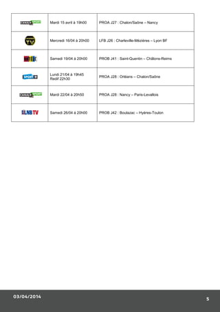 03/04/2014
5
Mardi 15 avril à 19h00 PROA J27 : Chalon/Saône – Nancy
Mercredi 16/04 à 20h00 LFB J26 : Charleville-Mézières – Lyon BF
Samedi 19/04 à 20h00 PROB J41 : Saint-Quentin – Châlons-Reims
Lundi 21/04 à 19h45
Redif 22h30
PROA J28 : Orléans – Chalon/Saône
Mardi 22/04 à 20h50 PROA J28 : Nancy – Paris-Levallois
Samedi 26/04 à 20h00 PROB J42 : Boulazac – Hyères-Toulon
 