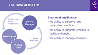 The Role of the PM
Views
Feelings
Leadership
Rules
Statements
Emotional Intelligence
•  the ability to perceive and
understand emotion
•  the ability to integrate emotion to
facilitate thought
•  the ability to manage emotions
Project
Manager
Stakeholders
Project
team
 