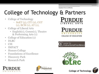 College of Technology
College of Technology & Partners
• College of Technology
! SoET (5), CIT (2), CGT
(1), BCM (1), AT (1),
• College of Liberal Arts
• English(1), Comm(1), Theatre
& Performing Arts (1)
• College of Education (1)
• DLRC
• CIE
• IMPACT
• Honors College
• Foundations of Excellence
• Discovery Park
• Research Park
Students First in All We Do
 
