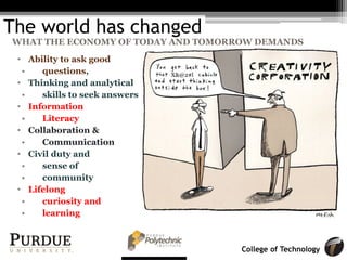 College of Technology
The world has changed
WHAT THE ECONOMY OF TODAY AND TOMORROW DEMANDS
• Ability to ask good
• questions,
• Thinking and analytical
• skills to seek answers
• Information
• Literacy
• Collaboration &
• Communication
• Civil duty and
• sense of
• community
• Lifelong
• curiosity and
• learning
X&@2#l
 