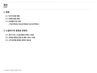 2 / 소셜미디어 동영상 콘텐츠 노하우
목차
1. 변화
1.1 미디어 환경 변화
1.2 마케팅 환경 변화
1.3 트리플미디어 이해
( Paid Media, Owned Media, Earned Media )
2. 소셜미디어 동영상 콘텐츠
2.1 2013 Top 7 소셜 동영상 트랜드 (국외)
2.2 모바일 동영상 편집 및 배포 서비스 이해
2.3 고객 참여형 동영상 콘텐츠 중요성
 