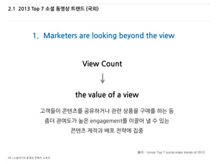 24 / 소셜미디어 동영상 콘텐츠 노하우
2.1 2013 Top 7 소셜 동영상 트랜드 (국외)
1. Marketers are looking beyond the view
출처 : Unruly Top 7 social video trends of 2013
View Count
the value of a view
고객들이 콘텐츠를 공유하거나 관련 상품을 구매를 하는 등
좀더 관여도가 높은 engagement를 이끌어 낼 수 있는
콘텐츠 제작과 배포 전략에 집중
 