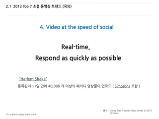 27 / 소셜미디어 동영상 콘텐츠 노하우
2.1 2013 Top 7 소셜 동영상 트랜드 (국외)
4. Video at the speed of social
출처 : Unruly Top 7 social video trends of 2013
1) Cisco
Real-time,
Respond as quickly as possible
“Harlem Shake”
등록된지 11일 만에 40,000 개 이상의 패러디 영상물이 업로드 ( Simpsons 포함 )
 