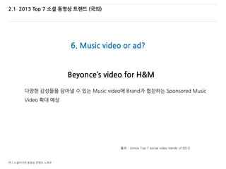 29 / 소셜미디어 동영상 콘텐츠 노하우
2.1 2013 Top 7 소셜 동영상 트랜드 (국외)
6. Music video or ad?
출처 : Unruly Top 7 social video trends of 2013
Beyonce’s video for H&M
다양한 감성들을 담아낼 수 있는 Music video에 Brand가 협찬하는 Sponsored Music
Video 확대 예상
 