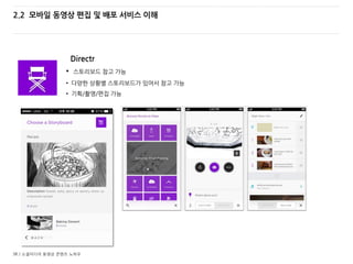 38 / 소셜미디어 동영상 콘텐츠 노하우
2.2 모바일 동영상 편집 및 배포 서비스 이해
Directr
• 스토리보드 참고 가능
• 다양한 상황별 스토리보드가 있어서 참고 가능
• 기획/촬영/편집 가능
 