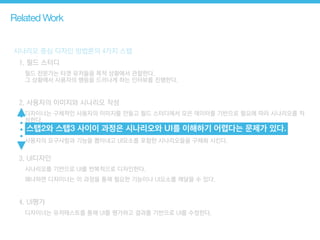 시나리오 중심 디자인 방법론의 4가지 스탭
1. 필드 스터디
필드 전문가는 타겟 유저들을 목적 상황에서 관찰한다.  
그 상황에서 사용자의 행동을 드러나게 하는 인터뷰를 진행한다.
!
2. 사용자의 이미지와 시나리오 작성
디자이너는 구체적인 사용자의 이미지를 만들고 필드 스터디에서 모은 데이터를 기반으로 필요에 따라 시나리오를 작
성한다.
각 시나리오는 목표를 성취하기 위한 유저의 목표, 상황, 행동(Goal, Situation, Behaviors)을 포함한다
사용자의 요구사항과 기능을 뽑아내고 UI요소를 포함한 시나리오들을 구체화 시킨다. 
3. UI디자인
시나리오를 기반으로 UI를 반복적으로 디자인한다.
왜냐하면 디자이너는 이 과정을 통해 필요한 기능이나 UI요소를 깨달을 수 있다.
!
4. UI평가
디자이너는 유저테스트를 통해 UI를 평가하고 결과를 기반으로 UI를 수정한다.
Related Work
스탭2와 스탭3 사이이 과정은 시나리오와 UI를 이해하기 어렵다는 문제가 있다.
 
