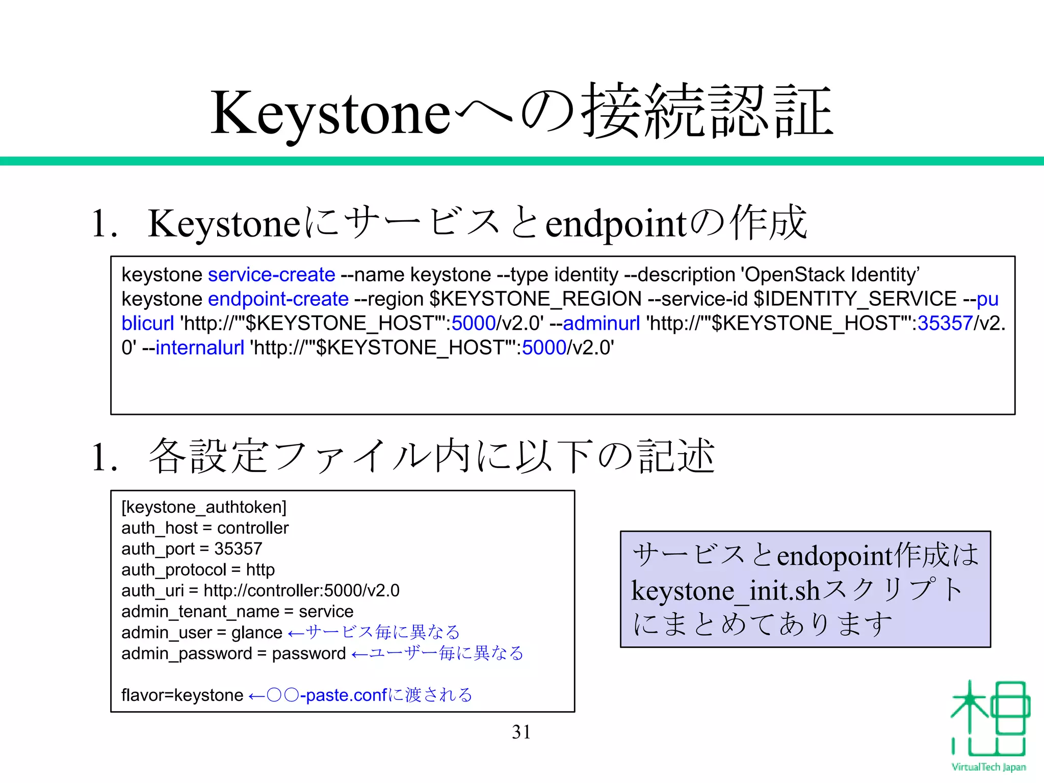 Keystoneへの接続認証
1. Keystoneにサービスとendpointの作成
1. 各設定ファイル内に以下の記述
31
[keystone_authtoken]
auth_host = controller
auth_port = 35357
auth_protocol = http
auth_uri = http://controller:5000/v2.0
admin_tenant_name = service
admin_user = glance ←サービス毎に異なる
admin_password = password ←ユーザー毎に異なる
flavor=keystone ←○○-paste.confに渡される
keystone service-create --name keystone --type identity --description 'OpenStack Identity’
keystone endpoint-create --region $KEYSTONE_REGION --service-id $IDENTITY_SERVICE --pu
blicurl 'http://'"$KEYSTONE_HOST"':5000/v2.0' --adminurl 'http://'"$KEYSTONE_HOST"':35357/v2.
0' --internalurl 'http://'"$KEYSTONE_HOST"':5000/v2.0'
サービスとendopoint作成は
keystone_init.shスクリプト
にまとめてあります
 