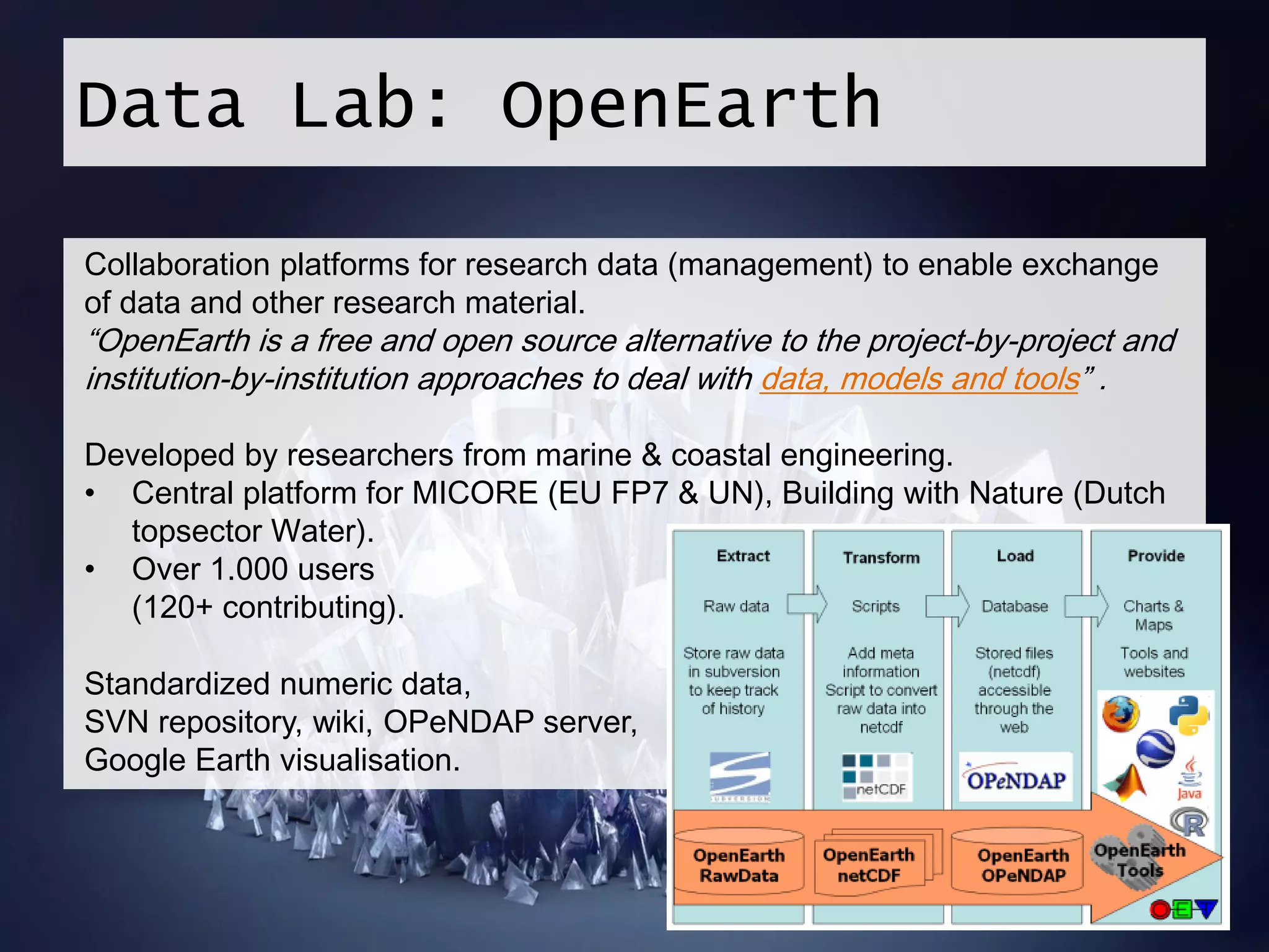 10
Data Lab: OpenEarth
Collaboration platforms for research data (management) to enable exchange
of data and other research material.
“OpenEarth is a free and open source alternative to the project-by-project and
institution-by-institution approaches to deal with data, models and tools” .
Developed by researchers from marine & coastal engineering.
• Central platform for MICORE (EU FP7 & UN), Building with Nature (Dutch
topsector Water).
• Over 1.000 users
(120+ contributing).
Standardized numeric data,
SVN repository, wiki, OPeNDAP server,
Google Earth visualisation.
 