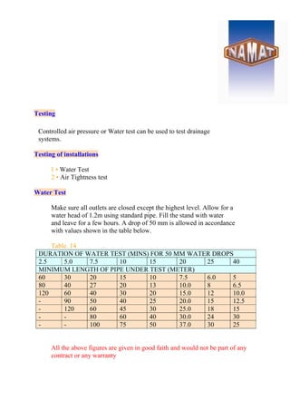 Testing
Controlled air pressure or Water test can be used to test drainage
systems.
Testing of installations
1 • Water Test
2 • Air Tightness test
Water Test
Make sure all outlets are closed except the highest level. Allow for a
water head of 1.2m using standard pipe. Fill the stand with water
and leave for a few hours. A drop of 50 mm is allowed in accordance
with values shown in the table below.
Table. 14
DURATION OF WATER TEST (MINS) FOR 50 MM WATER DROPS
2.5 5.0 7.5 10 15 20 25 40
MINIMUM LENGTH OF PIPE UNDER TEST (METER)
60 30 20 15 10 7.5 6.0 5
80 40 27 20 13 10.0 8 6.5
120 60 40 30 20 15.0 12 10.0
- 90 50 40 25 20.0 15 12.5
- 120 60 45 30 25.0 18 15
- - 80 60 40 30.0 24 30
- - 100 75 50 37.0 30 25
All the above figures are given in good faith and would not be part of any
contract or any warranty
 