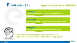 16 avril 2015
Vos marketeurs sont capables de mener des actions
efficaces et personnalisées en fonction de chaque profil
F idélisation 2.0 : Ayez une mémoire infaillible
Centralisez
toutes vos données au sein d’un même référentiel
Conservez
tous vos échanges : mails, conversations, notes, devis…
Enregistrez
les coordonnées et profils de vos interlocuteurs
 