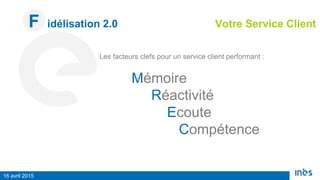 F idélisation 2.0 Votre Service Client
16 avril 2015
Les facteurs clefs pour un service client performant :
Mémoire
Réactivité
Ecoute
Compétence
 