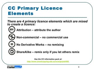 9
There are 4 primary licence elements which are mixed
to create a licence:
Attribution – attribute the author
Non-commercial – no commercial use
No Derivative Works – no remixing
ShareAlike – remix only if you let others remix
See the CC information pack at:
http://www.smartcopying.edu.au/scw/go/pid/956
CC Primary Licence
Elements
 