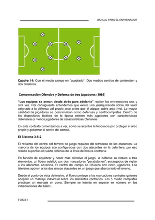 MANUAL PARA EL ENTRENADOR
Cuadro 14: Con el medio campo en “cuadrado”. Dos medios centros de contención y
dos creativos
Compensación Ofensiva y Defensa de tres jugadores (1986)
“Los equipos se arman desde atrás para adelante” repiten los entrenadores una y
otra vez. Por consiguiente entendemos que existe una jerarquización sobre del valor
asignado a la defensa del propio arco antes que el ataque sobre arco rival. La mayor
cantidad de jugadores se posicionaban como defensas y centrocampistas. Dentro de
los dispositivos tácticos de la época existen más jugadores con características
defensivas y menos jugadores de características ofensivas
En este contexto comenzamos a ver, como se acentúa la tendencia por proteger el arco
propio y gobernar el centro del campo.
El Sistema 3-5-2
El refuerzo del centro del terreno de juego requiere del retroceso de los atacantes. La
mayoría de los equipos son configurados con dos atacantes en la delantera, por eso
resulta superfluo el cuarto defensa de la línea defensiva contraria.
En función de equilibrar y hacer más ofensivo el juego, la defensa se reduce a tres
elementos: un libero asistido por dos marcadores "parabalones", encargados de vigilar
a los atacantes adversos. El centro del campo se refuerza con cinco jugadores. Los
laterales apoyan a los dos únicos atacantes en un juego que abarca todo el terreno.
Desde el punto de vista defensivo, el libero protege a los marcadores centrales quienes
adoptan un marcaje individual sobre los atacantes contrarios. Los 5 medio campistas
practican un marcaje en zona. Siempre se intenta en superar en número en las
inmediaciones del balón.
 