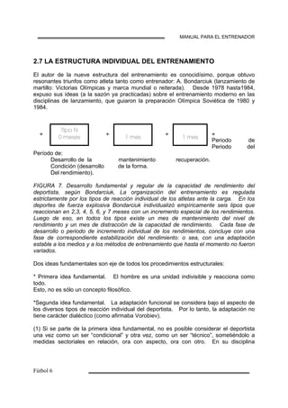 MANUAL PARA EL ENTRENADOR
2.7 LA ESTRUCTURA INDIVIDUAL DEL ENTRENAMIENTO
El autor de la nueve estructura del entrenamiento es conocidísimo, porque obtuvo
resonantes triunfos como atleta tanto como entrenador: A. Bondarciuk (lanzamiento de
martillo: Victorias Olímpicas y marca mundial o reiterada). Desde 1978 hasta1984,
expuso sus ideas (a la sazón ya practicadas) sobre el entrenamiento moderno en las
disciplinas de lanzamiento, que guiaron la preparación Olímpica Soviética de 1980 y
1984.
÷
÷
÷
÷ ÷
÷
÷
÷ ÷
÷
÷
÷ ÷
÷
÷
÷
Periodo de
Periodo del
Período de:
Desarrollo de la mantenimiento recuperación.
Condición (desarrollo de la forma.
Del rendimiento).
FIGURA 7. Desarrollo fundamental y regular de la capacidad de rendimiento del
deportista, según Bondarciuk, La organización del entrenamiento es regulada
estrictamente por los tipos de reacción individual de los atletas ante la carga. En los
deportes de fuerza explosiva Bondarciuk individualizó empíricamente seis tipos que
reaccionan en 2,3, 4, 5, 6, y 7 meses con un incremento especial de los rendimientos.
Luego de eso, en todos los tipos existe un mes de mantenimiento del nivel de
rendimiento y un mes de distracción de la capacidad de rendimiento. Cada fase de
desarrollo o periodo de incremento individual de los rendimientos, concluye con una
fase de correspondiente estabilización del rendimiento: o sea, con una adaptación
estable a los medios y a los métodos de entrenamiento que hasta el momento no fueron
variados.
Dos ideas fundamentales son eje de todos los procedimientos estructurales:
* Primera idea fundamental. El hombre es una unidad indivisible y reacciona como
todo.
Esto, no es sólo un concepto filosófico.
*Segunda idea fundamental. La adaptación funcional se considera bajo el aspecto de
los diversos tipos de reacción individual del deportista. Por lo tanto, la adaptación no
tiene carácter dialéctico (como afirmaba Vorobiev).
(1) Si se parte de la primera idea fundamental, no es posible considerar el deportista
una vez como un ser “condicional” y otra vez, como un ser “técnico”, sometiéndolo a
medidas sectoriales en relación, ora con aspecto, ora con otro. En su disciplina
Tipo N
0 meses 1 mes 1 mes
 