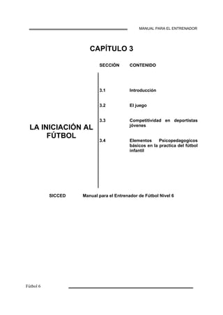 MANUAL PARA EL ENTRENADOR
CAPÍTULO 3
SECCIÓN CONTENIDO
3.1 Introducción
3.2 El juego
LA INICIACIÓN AL
FÚTBOL
3.3
3.4
Competitividad en deportistas
jóvenes
Elementos Psicopedagogicos
básicos en la practica del fútbol
infantil
SICCED Manual para el Entrenador de Fútbol Nivel 6
 