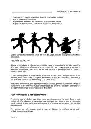 MANUAL PARA EL ENTRENADOR
• Tranquilidad y alegría emocional de saber que sólo es un juego.
• Con la finalidad en si mismo.
• Espontáneo, repentino, sin necesidad de aprendizaje previo.
• Expresivo, comunicativo, productivo, explorador, comparativo.
TIP
OS
DE
JU
EG
O
Existen varias clasificaciones sobre los tipos de juego, esta se basa principalmente en
las edades.
JUEGO SENSOMOTOR
Ocupa, el periodo de la infancia comprendida, hasta el segundo año de vida, cuando el
niño está adquiriendo afanosamente el control de sus movimientos y aprende a
coordinar sus gestos y percepciones, en este periodo el juego consiste en repetir y
variar movimientos.
El niño obtiene placer al experimentar y dominar su motricidad. Así por medio de sus
sentidos (vista, tacto, olfato...), explora, el mundo que le rodea y repite acontecimientos.
Así establece contacto con el mundo y lo va conociendo.
Una nueva experiencia, sino es amedrentadora, atraerá, primero su atención y luego la
exploración, al descubrir una nueva característica del entorno a través de su motricidad
le proporciona nuevos esquemas para su desarrollo.
JUEGO SIMBÓLICO O REPRESENTATIVO
Predomina tras la edad de dos años, hasta aproximadamente los seis. Durante este
periodo el niño adquiere la capacidad para codificar sus experiencias en símbolos,
puede recordar imágenes de acontecimientos, el niño juega con símbolos y los combina
creativamente.
Por ejemplo un niño puede jugar a que un bloque de madera es un auto,
simbólicamente para él lo es.
 