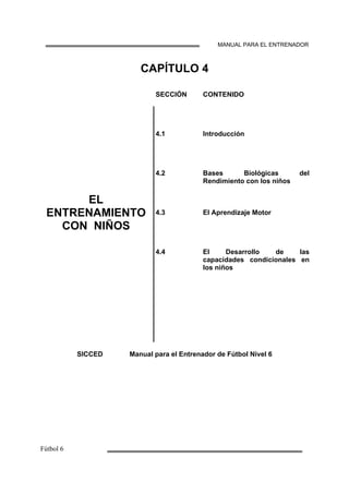 MANUAL PARA EL ENTRENADOR
CAPÍTULO 4
SECCIÓN CONTENIDO
4.1 Introducción
4.2 Bases Biológicas del
Rendimiento con los niños
EL
ENTRENAMIENTO
CON NIÑOS
4.3
4.4
El Aprendizaje Motor
El Desarrollo de las
capacidades condicionales en
los niños
SICCED Manual para el Entrenador de Fútbol Nivel 6
 