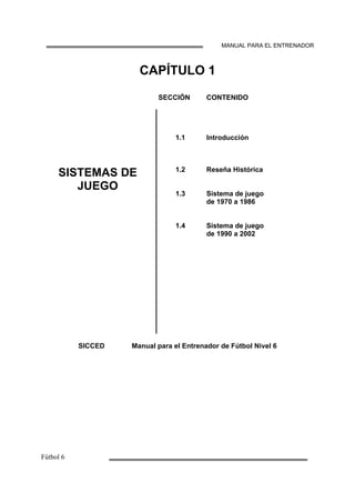 MANUAL PARA EL ENTRENADOR
CAPÍTULO 1
SECCIÓN CONTENIDO
1.1 Introducción
SISTEMAS DE
JUEGO
1.2
1.3
1.4
Reseña Histórica
Sistema de juego
de 1970 a 1986
Sistema de juego
de 1990 a 2002
SICCED Manual para el Entrenador de Fútbol Nivel 6
 
