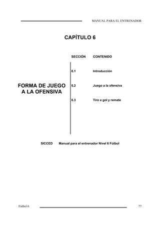 CAPÍTULO 6
SECCIÓN CONTENIDO
6.1 Introducción
FORMA DE JUEGO
A LA OFENSIVA
6.2 Juego a la ofensiva
6.3 Tiro a gol y remate
SICCED Manual para el entrenador Nivel 6 Fútbol
 