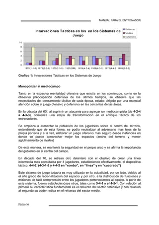 MANUAL PARA EL ENTRENADOR
Grafico 1: Innovaciones Tácticas en los Sistemas de Juego
Monopolizar el mediocampo
Tanto en la excesiva mentalidad ofensiva que existía en los comienzos, como en la
obsesiva preocupación defensiva de los últimos tiempos, se observa que las
necesidades del pensamiento táctico de cada época, estaba dirigido por una especial
atención sobre el juego ofensivo y defensivo en las cercanías de las áreas.
En la década del 60’, al suprimir un atacante para agregar un mediocampista (de 4-2-4
a 4-3-3), comienza una etapa de transformación en el enfoque táctico de los
entrenadores.
Se empieza a aumentar la población de los jugadores sobre el centro del terreno,
entendiendo que de esta forma, se podía neutralizar al adversario mas lejos de la
propia portería y a la vez, elaborar un juego ofensivo mas seguro desde instancias en
donde se puede aprovechar mejor los espacios (ancho del terreno y menor
aglutinamiento de rivales)
De esta manera, se mantenía la seguridad en el propio arco y se afirma la importancia
del gobierno en el centro del campo.
En década del 70, se retraso otro delantero con el objetivo de crear una línea
intermedia mas constituida por 4 jugadores, estableciendo efectivamente, el dispositivo
táctico: 4-4-2. (4-3-1-2 y 4-4-2 en “rombo”, en “línea” y en “cuadrado”)
Este sistema de juego todavía es muy utilizado en la actualidad, por un lado, debido al
el alto grado de racionalización del espacio y por otro, a la distribución de funciones y
misiones de fácil comprensión entre los jugadores pertenecientes al equipo. A partir de
este sistema, fueron estableciéndose otros, tales como 5-4-1 y el 4-5-1. Con relación al
primero su característica fundamental es el refuerzo del sector defensivo y con relación
al segundo su poder radica en el refuerzo del sector medio.
 