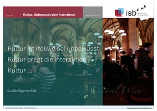 www.isb-w.euSeite 14 Kultur:Unbewusst aber Intentional
Blindtext hier steht eine Aussage
Kultur ist (teilweise) unbewusst
Kultur prägt die Interaktion
Kultur ...
Quelle:Eigenes Bild
CC-BY-Lizenz, Autor: Friedrich - A. Ittner für isb-w.eu http://de.creativecommons.org/was-ist-cc/
 