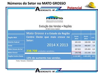 Números do Setor no MATO GROSSO
Potencial
é o Estado da Região
Centro Oeste que mais cresce no
Setor:
238.708 unidades vendidas.
13% de aumento nas vendas.
 