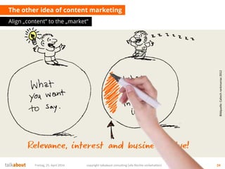 The other idea of content marketing
Align „content“ to the „market“
Freitag, 25. April 2014 copyright talkabout consulting (alle Rechte vorbehalten) 24
Bildquelle:Caltechrankmaniac2012
 