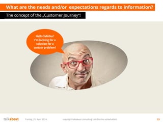 What are the needs and/or expectations regards to information?
The concept of the „Customer Journey“!
Freitag, 25. April 2014 copyright talkabout consulting (alle Rechte vorbehalten) 33
Hello! Müller!
I‘m looking for a
solution for a
certain problem!
 