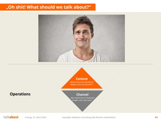 „Oh shit! What should we talk about?“
Freitag, 25. April 2014 copyright talkabout consulting (alle Rechte vorbehalten) 83
Content
„What should we talk about?
Maybe some Cat-Content?“
Channel
„We need to be on Facebook!
Google+ will come later!“
Operations
 