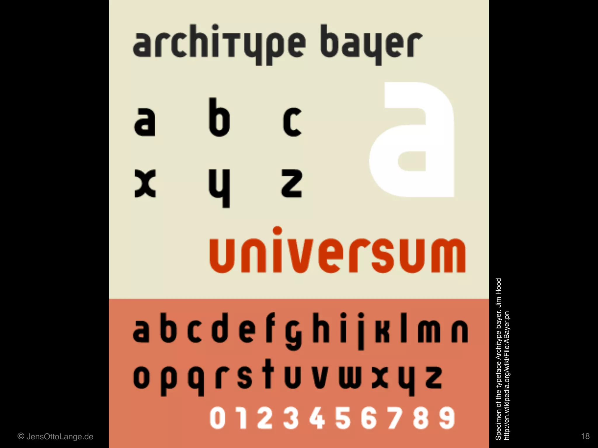 © JensOttoLange.de 18
SpecimenofthetypefaceArchitypebayer.JimHood 
http://en.wikipedia.org/wiki/File:ABayer.pn
 