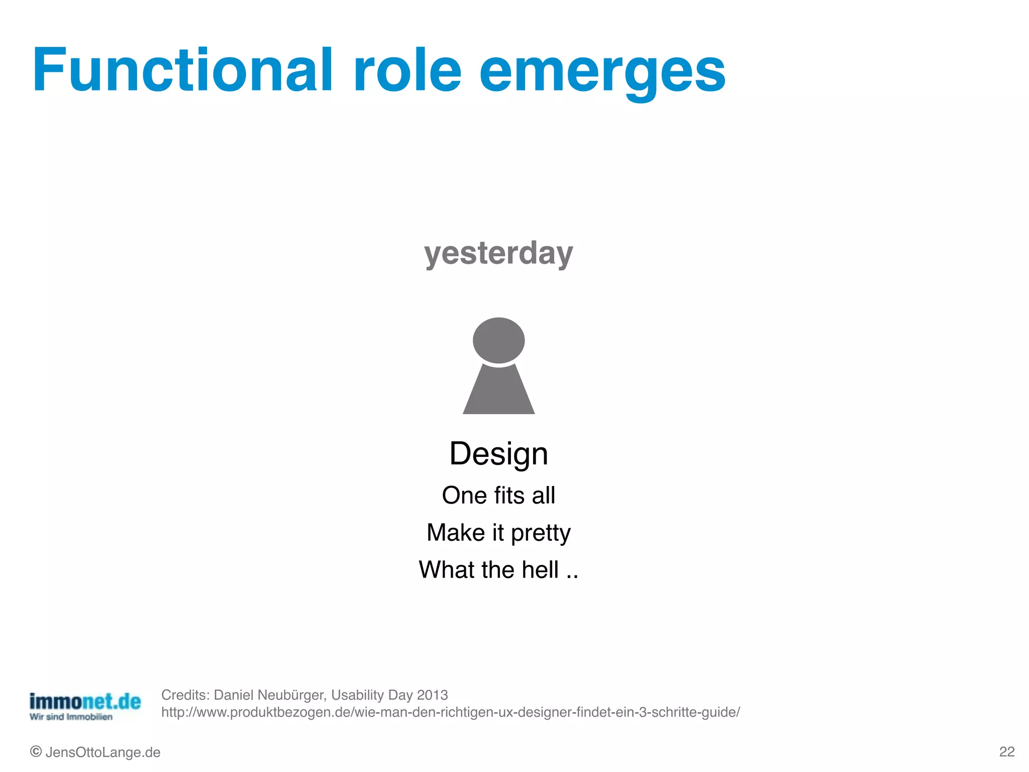 © JensOttoLange.de
Functional role emerges
22
Credits: Daniel Neubürger, Usability Day 2013 
http://www.produktbezogen.de/wie-man-den-richtigen-ux-designer-ﬁndet-ein-3-schritte-guide/
Design!
One ﬁts all!
Make it pretty!
What the hell ..
yesterday
 