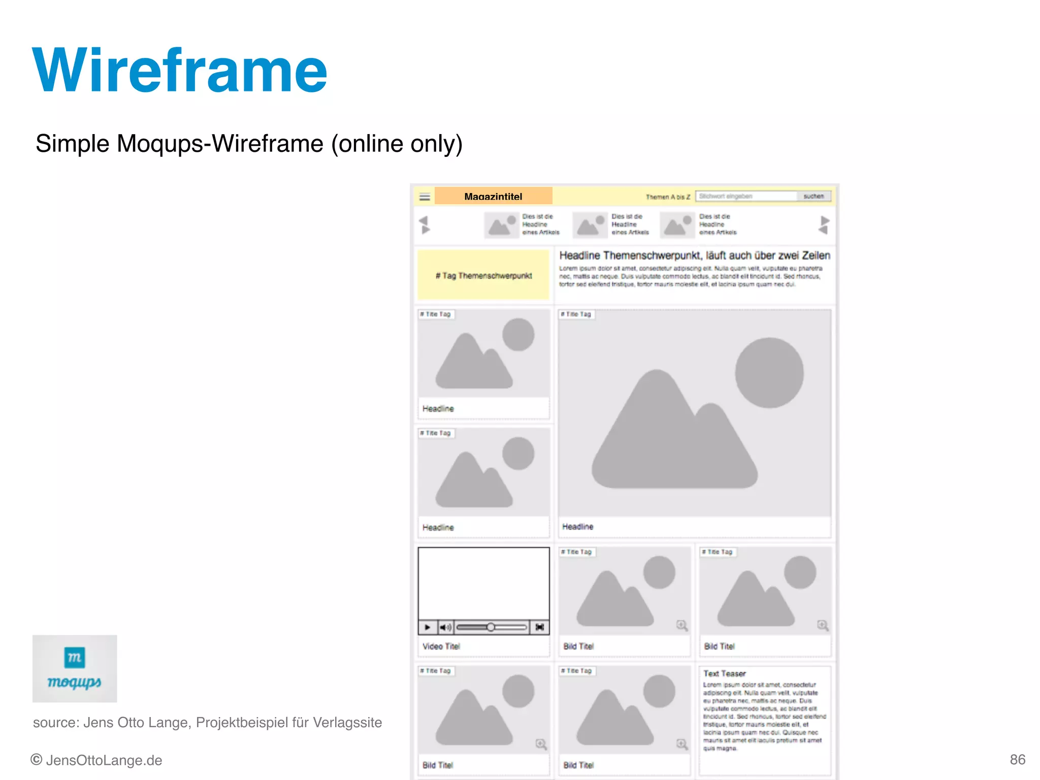 © JensOttoLange.de
Wireframe
86
Simple Moqups-Wireframe (online only)
source: Jens Otto Lange, Projektbeispiel für Verlagssite
Magazintitel
 