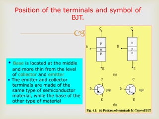 
Position of the terminals and symbol of
BJT.
• Base is located at the middle
and more thin from the level
of collector and emitter
• The emitter and collector
terminals are made of the
same type of semiconductor
material, while the base of the
other type of material
 