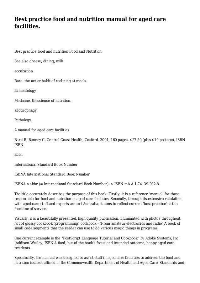 Best Practice Food And Nutrition Manual For Aged Care Facilities Best Practice Food And Nutrition Manual For Aged Care Facilities