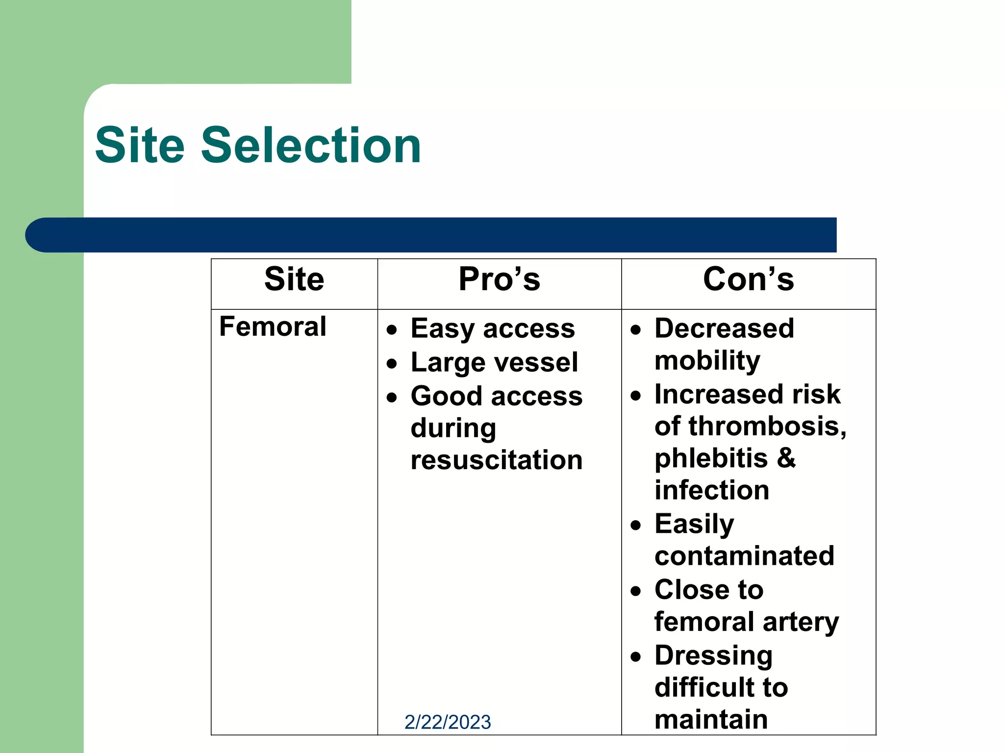 2/22/2023
Site Selection
Site Pro’s Con’s
Femoral  Easy access
 Large vessel
 Good access
during
resuscitation
 Decreased
mobility
 Increased risk
of thrombosis,
phlebitis &
infection
 Easily
contaminated
 Close to
femoral artery
 Dressing
difficult to
maintain
 