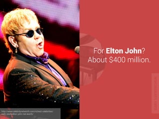 For Elton John? 
About $400 million. 
http://www.celebritynetworth.com/richest-celebrities/rock-stars/ 
elton-john-net-wor...