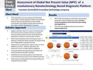 Case
Study
Client
Client Need
Solution Approach
Results
**Data has been sanitized and meant for Illustrative purposes only
Global NPV of Technology (in USD Million)
(P) Pessimistic Scenario
Discount rate 8.60%
Year 2012 2013 2014 2015 2016 2017 2018
Time 0 1 2 3 4 5 6
Revenue from Sale of NPTP POC devices - - 20.30 23.62 32.06 40.80 24.93
Revenue from Sale of Treated Cuvette - - 450.00 614.87 815.48 1,021.15 657.19
Total Cost of NPTP POC devices - - 4.10 5.66 7.69 9.78 5.98
Total Cost of Treated Cuvettes - - 175.00 387.88 514.43 644.17 414.57
Commercialisation Costs 400.00 - - - - - -
Total Cash Inflow - - 470.30 638.49 847.54 1,061.96 682.11
Total cash Outflow 400.00 - 179.10 393.54 522.12 653.96 420.55
Net Cash Flow -400.00 - 291.20 244.95 325.43 408.00 261.56
Discount Factor 1.00 0.92 0.85 0.78 0.72 0.66 0.61
Discounted Cash Flow -400.00 - 246.91 191.24 233.96 270.09 159.44
NPV 1,524.77
 Client wanted to commercialize ground breaking
technology in the MI Diagnostics field, and wanted to
know its commercial potential so that suitable
licensing fees and model could be determined and
also value could be showcased to Licensees
Investors Controlled Innovative technology company
 Aagami involved a team of a senior consultant part
time and a business analyst full time to conduct
primary and secondary research involving domain
specialists to capture current market scenario.
 Performed competitive benchmarking to assess a
Relative Cost Benefit Index used later for determining
technology platform (product) pricing.
 Projected annual demand for next ten years in three
different scenarios - Median, Optimistic and
Pessimistic across multiple disease categories.
 Forecasted Global Average Selling Price (ASP) and
Cost associated with capex and opex
 Validated commercializing options and measured
incremental financial scenario for potential licensees
 Determined the Global Net Present Value (NPV) and
created Financial models
 NPV of the technology and indicative licensing fees,
along with several insights generated, served as
conclusive guidance to the client for deal-making
and negotiations.
 The client was delighted which also resulted in
repeat assignments
 