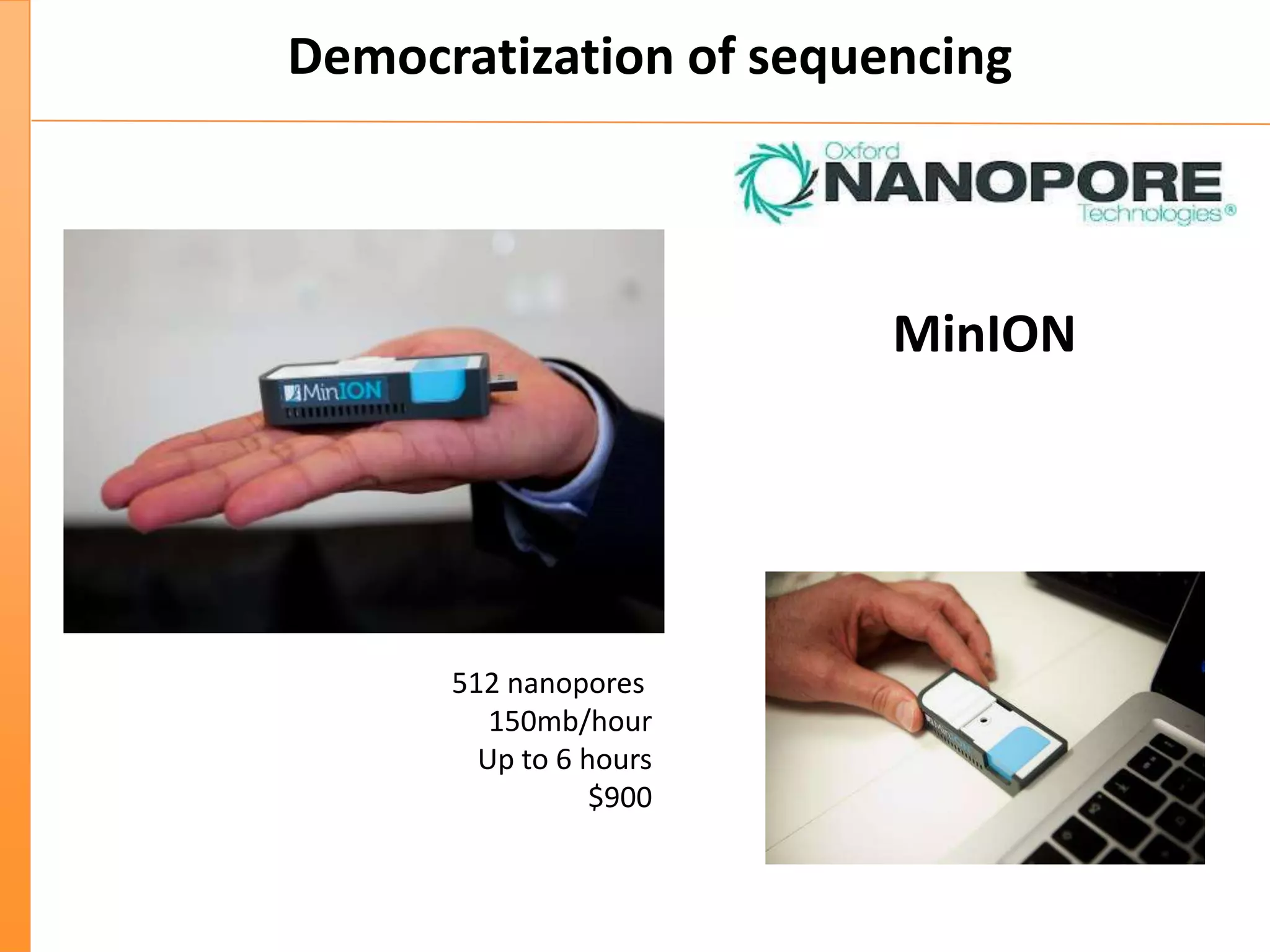 Democratization of sequencing
MinION
512 nanopores
150mb/hour
Up to 6 hours
$900