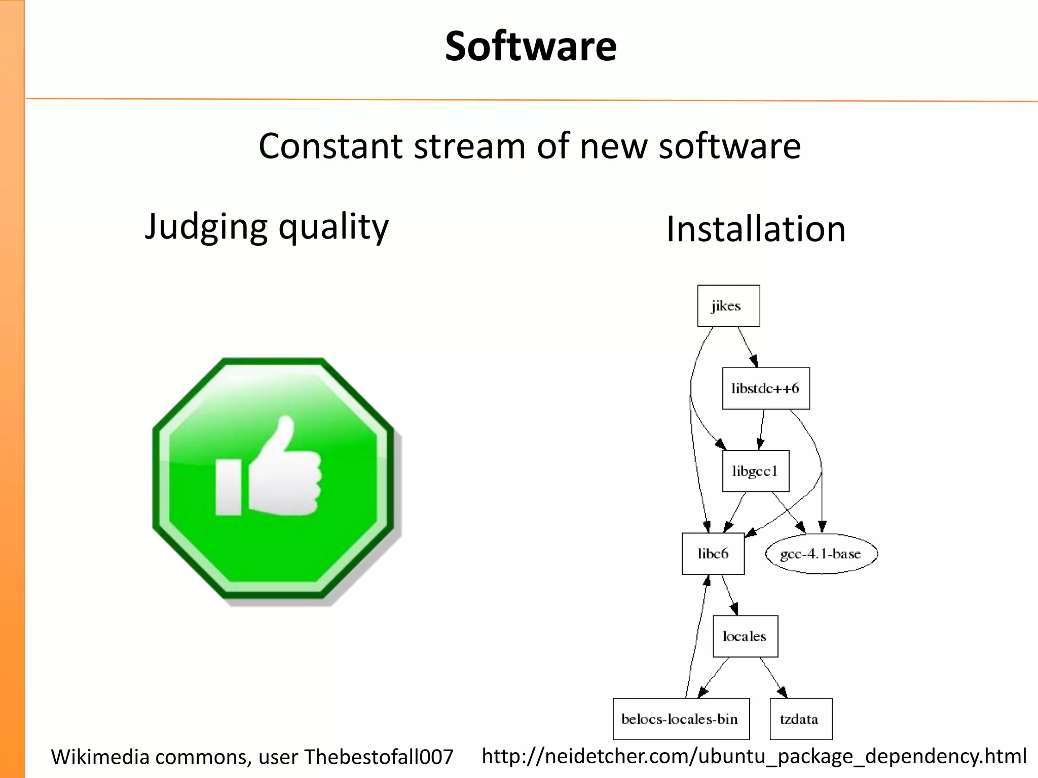 Software
Constant stream of new software
http://neidetcher.com/ubuntu_package_dependency.html
InstallationJudging quality
Wikimedia commons, user Thebestofall007