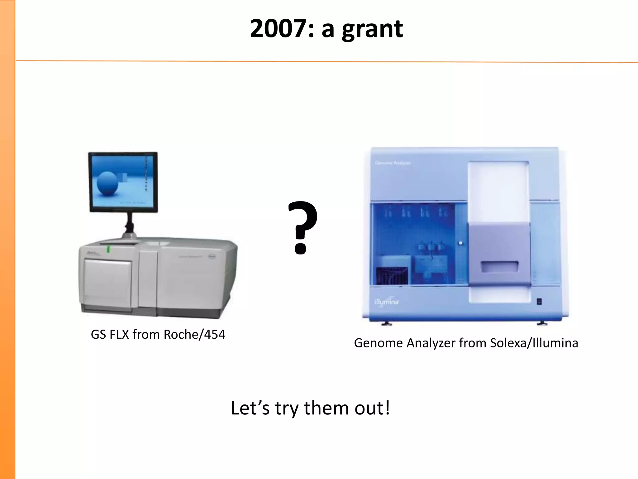2007: a grant
GS FLX from Roche/454
Genome Analyzer from Solexa/Illumina
?
Let’s try them out!