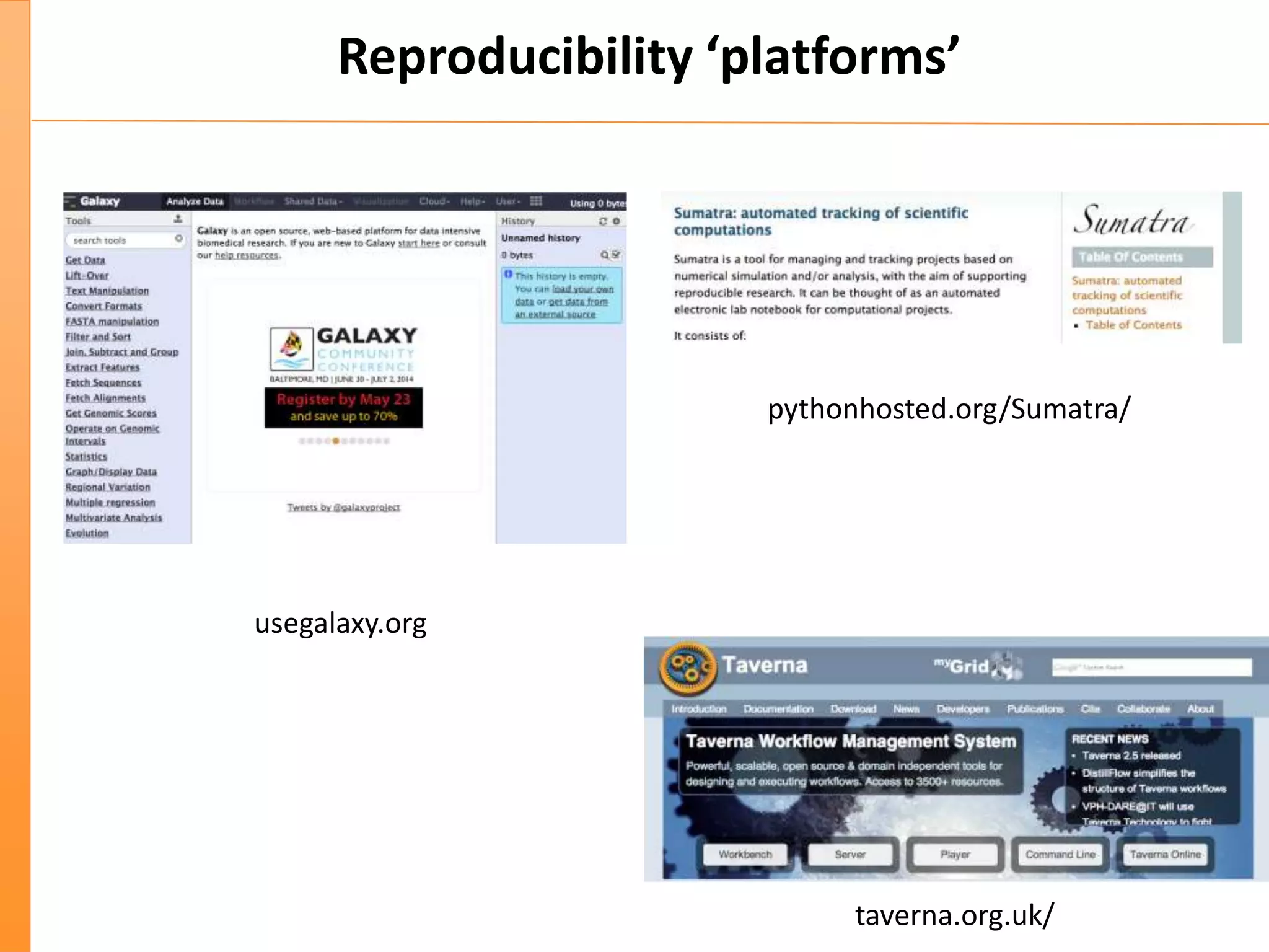 Reproducibility ‘platforms’
usegalaxy.org
taverna.org.uk/
pythonhosted.org/Sumatra/