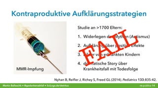 re:publica 14Martin Ballaschk ● @gedankenabfall ● SciLogs.de/detritus
Kontraproduktive Aufklärungsstrategien
Nyhan B, Reiﬂer J, Richey S, Freed GL (2014). Pediatrics 133:835-42.
Studie an >1700 Eltern:
1. Widerlegen der Mythen (Autismus)
2. Aufklärung über positive Effekte
3. Bilder von erkrankten Kindern
4. dramatische Story über
Krankheitsfall mit Todesfolge
FAIL
MMR-Impfung
 