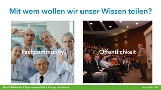 re:publica 14Martin Ballaschk ● @gedankenabfall ● SciLogs.de/detritus
Mit wem wollen wir unser Wissen teilen?
Fachcommunity Öffentlichkeit
 